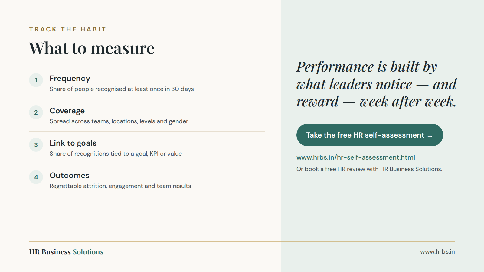 Employee recognition measurement dashboard covering frequency, coverage, alignment and outcomes
