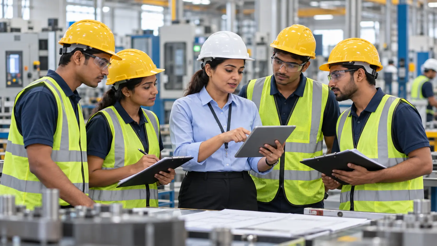 Indian apprentices and a training manager reviewing a factory training plan