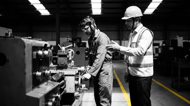 Supervisor coaching an operator at a lathe