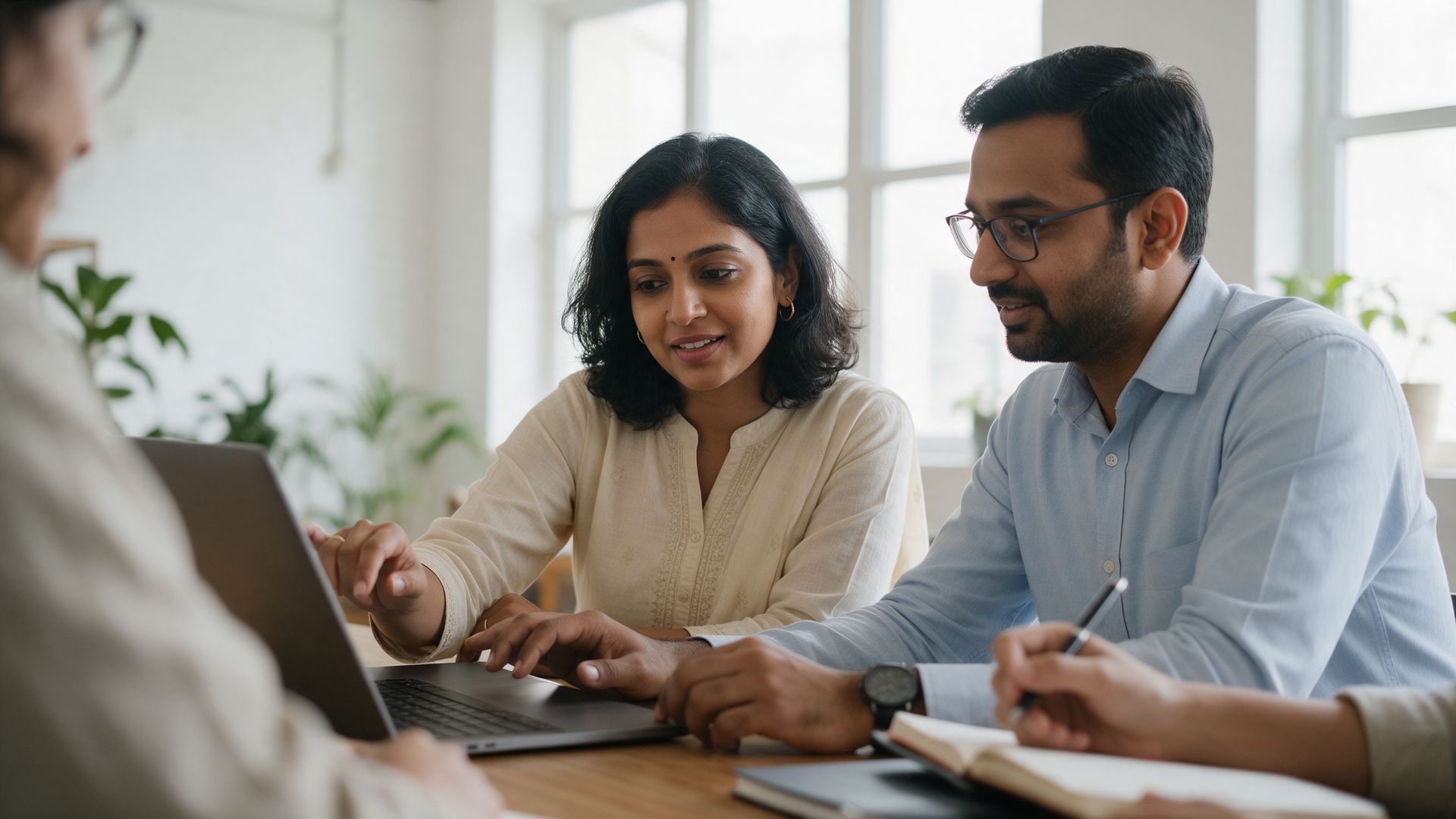 HR professionals reviewing work together on a laptop in a bright office